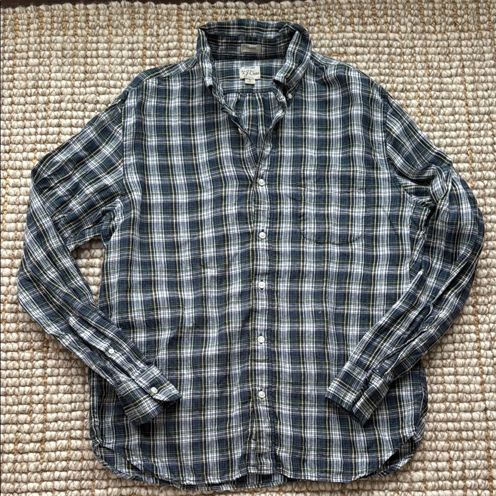J. Crew Men's Plaid Linen Shirt - Green